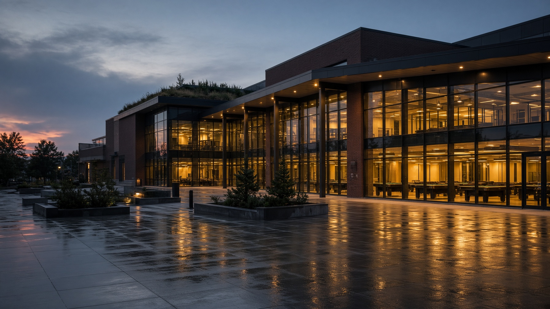 Community recreation centre at dusk in Mississauga
