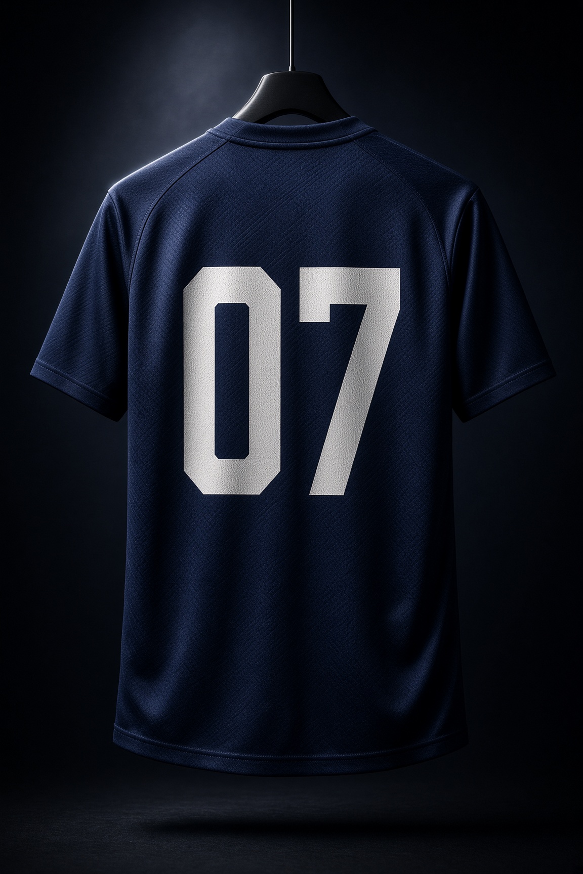 Studio still of a navy kit, number 07, no player shown