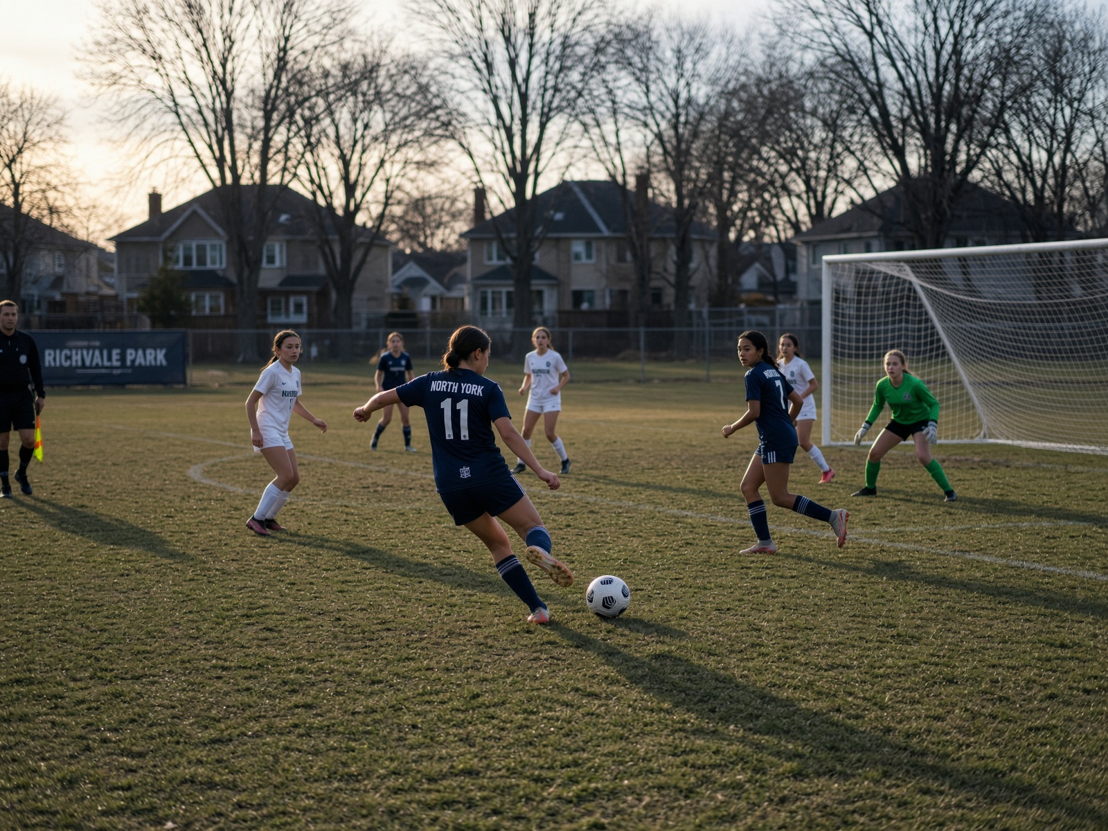 Girls community soccer, late-afternoon match on a municipal Ontario pitch