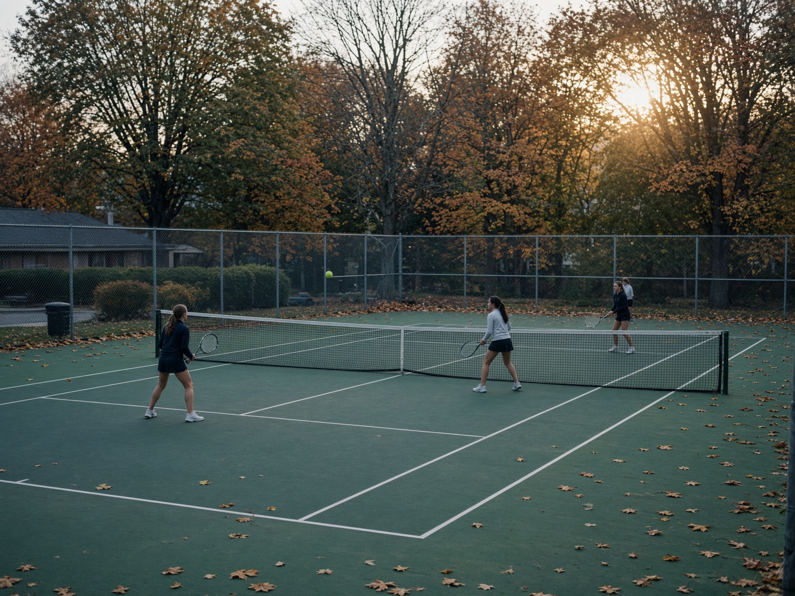 Community tennis on outdoor hard courts in suburban Ontario